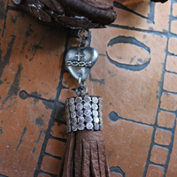 The Milagro Cuff Bracelet with Distressed Leather, 16 Antique & Vintage Crosses and Medals and Leather Tassel