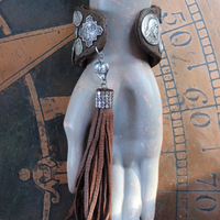 The Milagro Cuff Bracelet with Distressed Leather, 16 Antique & Vintage Crosses and Medals and Leather Tassel