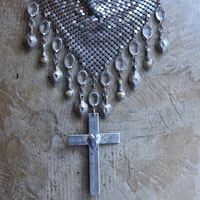 One Heart One Soul Necklace with Antique French Engraved Sacred Heart Cross,Antique Silver W & D Mesh Scarf,Bezel Oval Crystals & More!