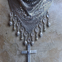 One Heart One Soul Necklace with Antique French Engraved Sacred Heart Cross,Antique Silver W & D Mesh Scarf,Bezel Oval Crystals & More!