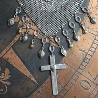 One Heart One Soul Necklace with Antique French Engraved Sacred Heart Cross,Antique Silver W & D Mesh Scarf,Bezel Oval Crystals & More!