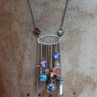 Cosmic Religion Necklace with Galaxy Cabochon Connectors, Orgonite Drops,Multiple Antique Religion Medals,Scroll Vessel