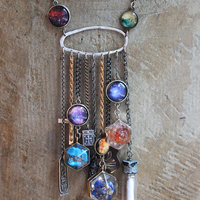 Cosmic Religion Necklace with Galaxy Cabochon Connectors, Orgonite Drops,Multiple Antique Religion Medals,Scroll Vessel
