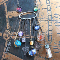 Cosmic Religion Necklace with Galaxy Cabochon Connectors, Orgonite Drops,Multiple Antique Religion Medals,Scroll Vessel