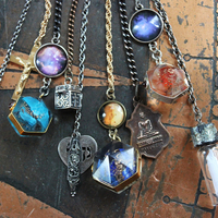 Cosmic Religion Necklace with Galaxy Cabochon Connectors, Orgonite Drops,Multiple Antique Religion Medals,Scroll Vessel