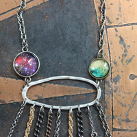 Cosmic Religion Necklace with Galaxy Cabochon Connectors, Orgonite Drops,Multiple Antique Religion Medals,Scroll Vessel