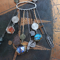 Cosmic Religion Necklace with Galaxy Cabochon Connectors, Orgonite Drops,Multiple Antique Religion Medals,Scroll Vessel