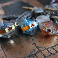Cosmic Religion Necklace with Galaxy Cabochon Connectors, Orgonite Drops,Multiple Antique Religion Medals,Scroll Vessel