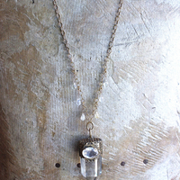 It is a Dawn Necklace w/Antique Gold Mesh Capped Light Citrine Quartz Point,Antique Faceted Rock Crystal Stone & Finding, Faceted Citrine & Clear Rock Quartz Briolletes