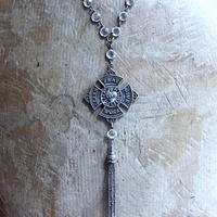 The 5 Tenets Necklace with Rare Sterling Sacred Heart "Love, Pray, Give, Work, Learn" Cross, Faceted Prong & Cup Set Crystals,Sterling Chain & Tassel