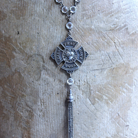 The 5 Tenets Necklace with Rare Sterling Sacred Heart "Love, Pray, Give, Work, Learn" Cross, Faceted Prong & Cup Set Crystals,Sterling Chain & Tassel