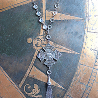 The 5 Tenets Necklace with Rare Sterling Sacred Heart "Love, Pray, Give, Work, Learn" Cross, Faceted Prong & Cup Set Crystals,Sterling Chain & Tassel