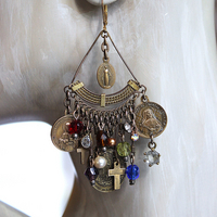 NEW! Asymmetrical Earrings with Antique French Rosary Connector & Medals, Multiple Faceted Bead Dangles,Antique Faceted Crystals and Crosses