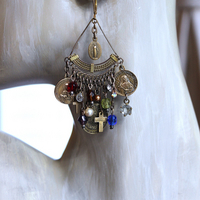 NEW! Asymmetrical Earrings with Antique French Rosary Connector & Medals, Multiple Faceted Bead Dangles,Antique Faceted Crystals and Crosses