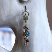 NEW! Asymmetrical Earrings with Antique French Rosary Connector & Medals, Multiple Faceted Bead Dangles,Antique Faceted Crystals and Crosses
