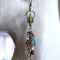 NEW! Asymmetrical Earrings with Antique French Rosary Connector & Medals, Multiple Faceted Bead Dangles,Antique Faceted Crystals and Crosses