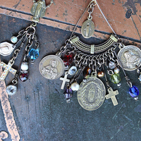 NEW! Asymmetrical Earrings with Antique French Rosary Connector & Medals, Multiple Faceted Bead Dangles,Antique Faceted Crystals and Crosses