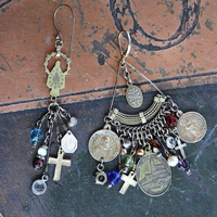 NEW! Asymmetrical Earrings with Antique French Rosary Connector & Medals, Multiple Faceted Bead Dangles,Antique Faceted Crystals and Crosses