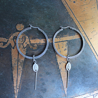 Unique Sterling 1 1/2 inch Hoop Earrings w/Engraved Hatch Design, Removable Tiny Antique Marian Medals & Sterling Bar Link Drop
