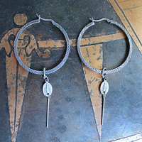 Unique Sterling 1 1/2 inch Hoop Earrings w/Engraved Hatch Design, Removable Tiny Antique Marian Medals & Sterling Bar Link Drop
