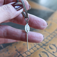 Unique Sterling 1 1/2 inch Hoop Earrings w/Engraved Hatch Design, Removable Tiny Antique Marian Medals & Sterling Bar Link Drop
