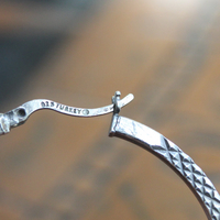 Unique Sterling 1 1/2 inch Hoop Earrings w/Engraved Hatch Design, Removable Tiny Antique Marian Medals & Sterling Bar Link Drop