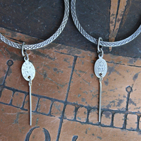 Unique Sterling 1 1/2 inch Hoop Earrings w/Engraved Hatch Design, Removable Tiny Antique Marian Medals & Sterling Bar Link Drop