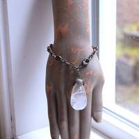 Be a Light Bracelet with Antique Victorian Sterling Capped Clear Rock Quartz Tear Drop and Antique Sterling Embossed Links