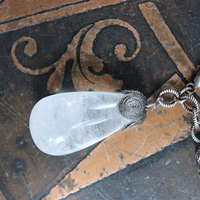 Be a Light Bracelet with Antique Victorian Sterling Capped Clear Rock Quartz Tear Drop and Antique Sterling Embossed Links