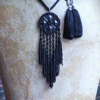 The Sorrow Necklace and Earring Set w/Antique Mourning Pendant,Antique French Engraved Crosses,Sterling Rose Capped Silk Tassels