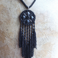 The Sorrow Necklace and Earring Set w/Antique Mourning Pendant,Antique French Engraved Crosses,Sterling Rose Capped Silk Tassels