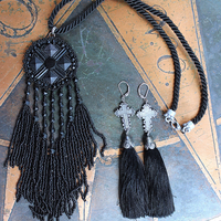 The Sorrow Necklace and Earring Set w/Antique Mourning Pendant,Antique French Engraved Crosses,Sterling Rose Capped Silk Tassels
