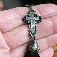 The Sorrow Necklace and Earring Set w/Antique Mourning Pendant,Antique French Engraved Crosses,Sterling Rose Capped Silk Tassels