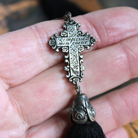 The Sorrow Necklace and Earring Set w/Antique Mourning Pendant,Antique French Engraved Crosses,Sterling Rose Capped Silk Tassels