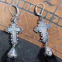 The Sorrow Necklace and Earring Set w/Antique Mourning Pendant,Antique French Engraved Crosses,Sterling Rose Capped Silk Tassels