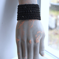 Antique European Jet Bead Trim Bracelet Cuff with Antique Jet Bead Tassel & Snaps