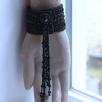 Antique European Jet Bead Trim Bracelet Cuff with Antique Jet Bead Tassel & Snaps