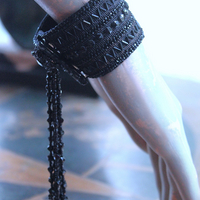 Antique European Jet Bead Trim Bracelet Cuff with Antique Jet Bead Tassel & Snaps