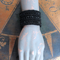 Antique European Jet Bead Trim Bracelet Cuff with Antique Jet Bead Tassel & Snaps
