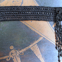 Antique European Jet Bead Trim Bracelet Cuff with Antique Jet Bead Tassel & Snaps