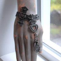 Intricately Detailed French Notre Dame Cross Bracelet with French Fleur de Lis Heart and Crown Medals, Antique Sterling Cross, Victorian Puffy Heart Drop