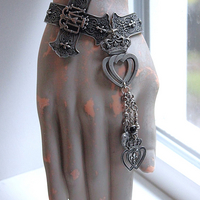 Intricately Detailed French Notre Dame Cross Bracelet with French Fleur de Lis Heart and Crown Medals, Antique Sterling Cross, Victorian Puffy Heart Drop