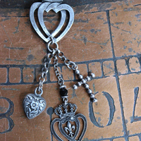 Intricately Detailed French Notre Dame Cross Bracelet with French Fleur de Lis Heart and Crown Medals, Antique Sterling Cross, Victorian Puffy Heart Drop