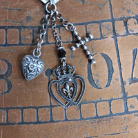 Intricately Detailed French Notre Dame Cross Bracelet with French Fleur de Lis Heart and Crown Medals, Antique Sterling Cross, Victorian Puffy Heart Drop
