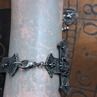 Intricately Detailed French Notre Dame Cross Bracelet with French Fleur de Lis Heart and Crown Medals, Antique Sterling Cross, Victorian Puffy Heart Drop