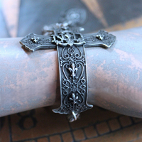 Intricately Detailed French Notre Dame Cross Bracelet with French Fleur de Lis Heart and Crown Medals, Antique Sterling Cross, Victorian Puffy Heart Drop