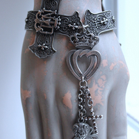 Intricately Detailed French Notre Dame Cross Bracelet with French Fleur de Lis Heart and Crown Medals, Antique Sterling Cross, Victorian Puffy Heart Drop