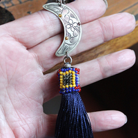 Time to Become Full Cuff Bracelet with Unique Antique Seed Bead Textile,Silver Crescent Moon, Unique Silk Tassel & Faceted Crystal Drops
