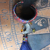 Time to Become Full Cuff Bracelet with Unique Antique Seed Bead Textile,Silver Crescent Moon, Unique Silk Tassel & Faceted Crystal Drops