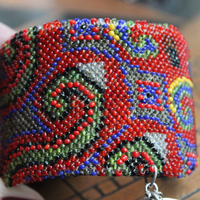 Time to Become Full Cuff Bracelet with Unique Antique Seed Bead Textile,Silver Crescent Moon, Unique Silk Tassel & Faceted Crystal Drops